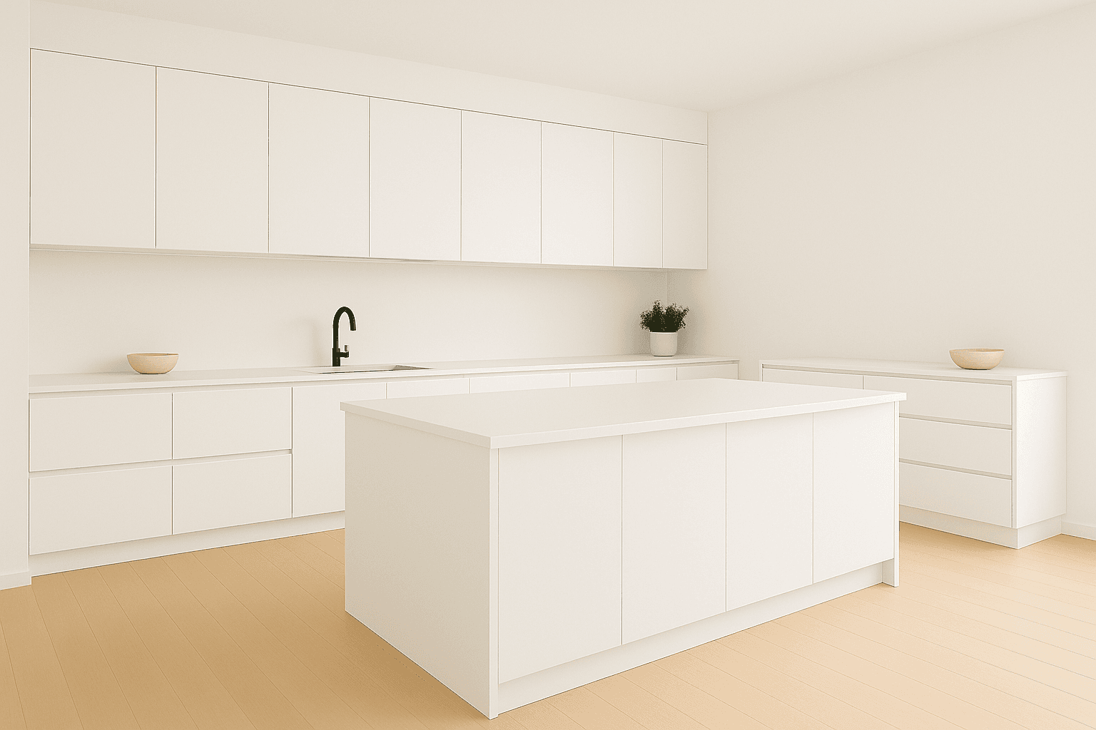 Minimal white kitchen cabinets